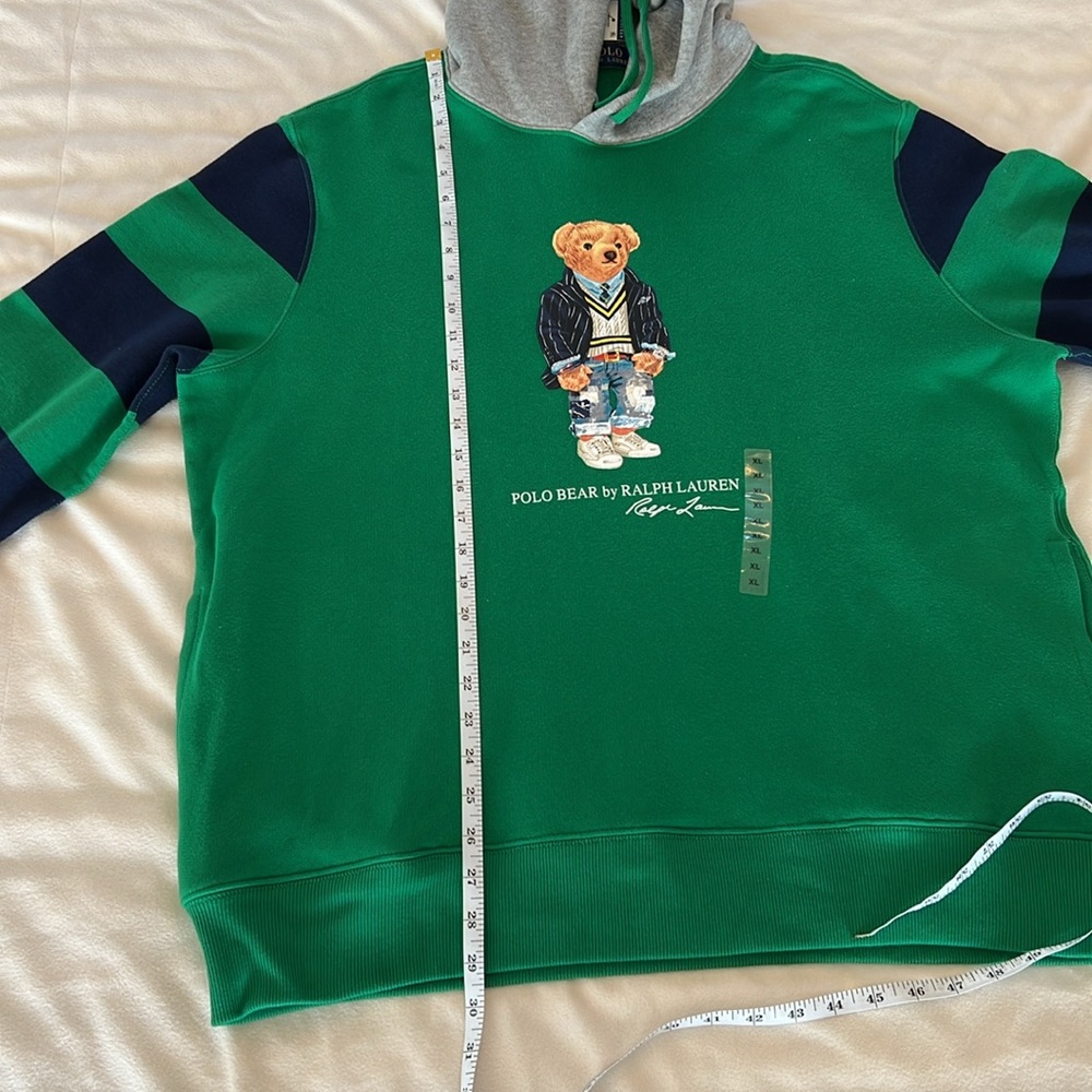 🎉Host Pick🎉Polo Ralph Lauren Green Polo Bear Hoodie w/ Navy Striped Sleeves XL - Picture 6 of 13